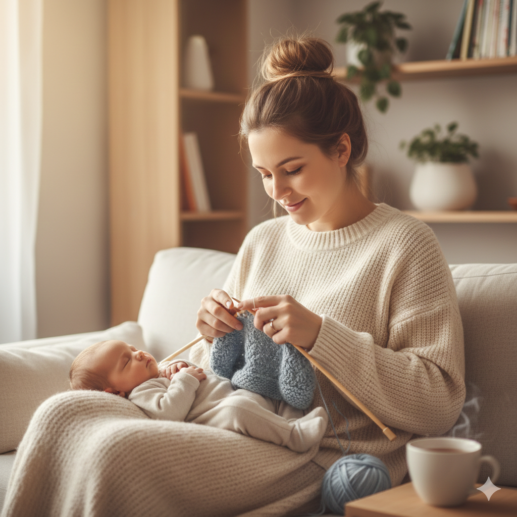 Junge Mutter, die mit ihrem Baby auf dem Schoß an einem kleinen Baby-Cardigan strickt.