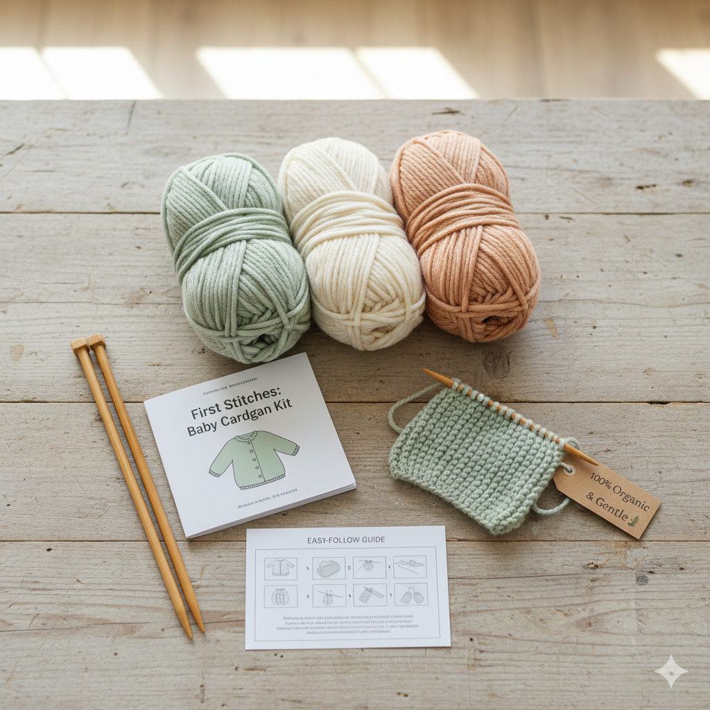 Einsteiger-Strickset mit Bio-Wolle, Stricknadeln und einfacher Anleitung für Babys.