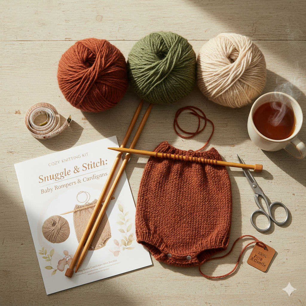 Wohlfühl-Strickset in warmen Naturtönen, ideal für Baby-Strampler und Jäckchen.