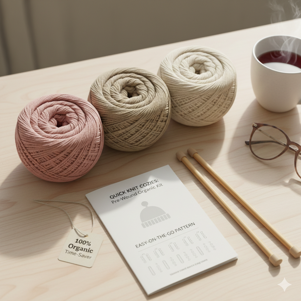 Zeit-Spar-Strickset mit vorgewickelter Bio-Wolle und reduzierten, einfachen Mustern.