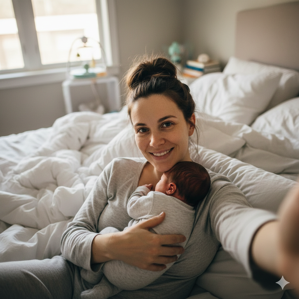 Julia, junge Erst-Mama, sitzt mit Strickprojekt und Baby auf dem Sofa.