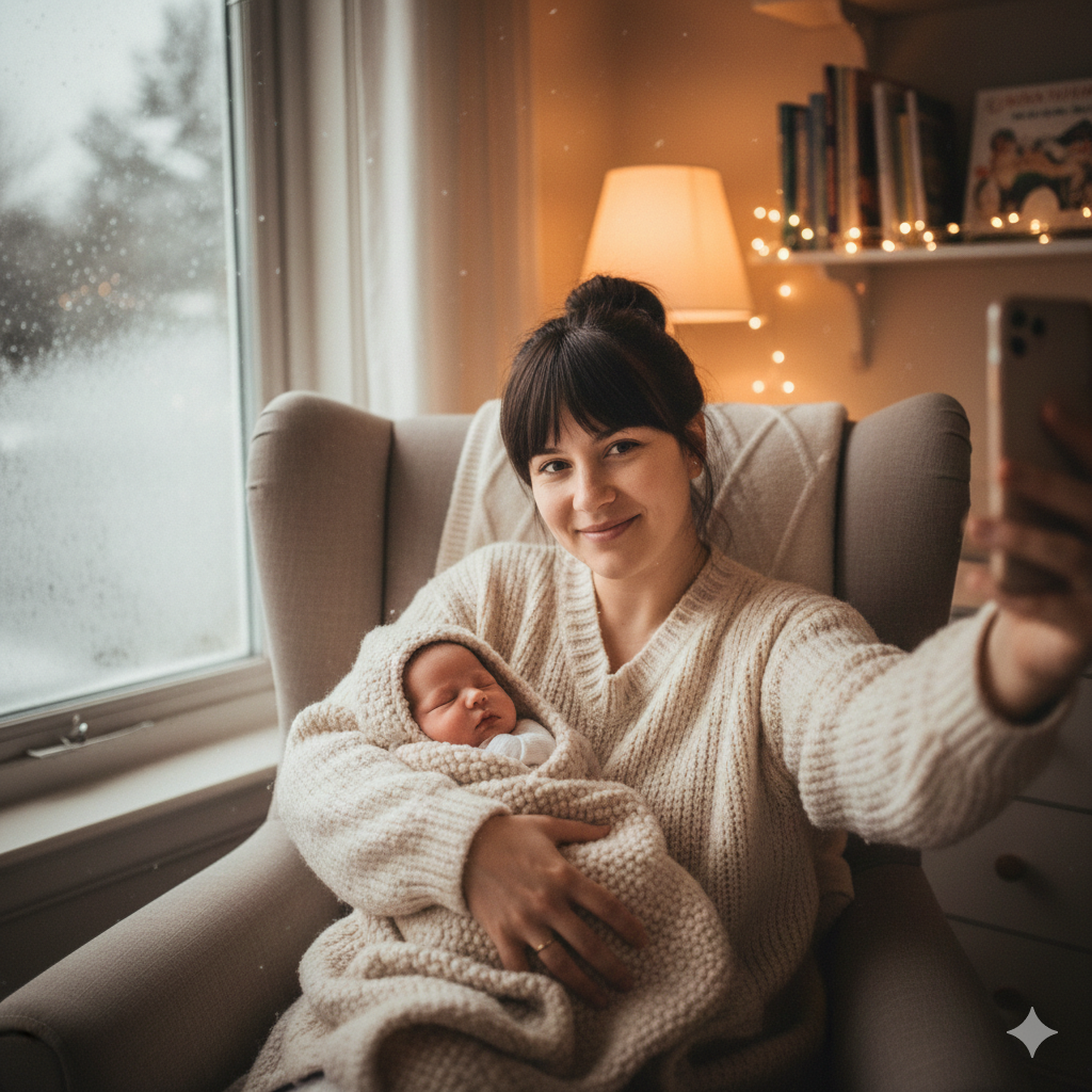 Lina, Mutter eines Winterbabys, strickt abends bei einer Tasse Tee.