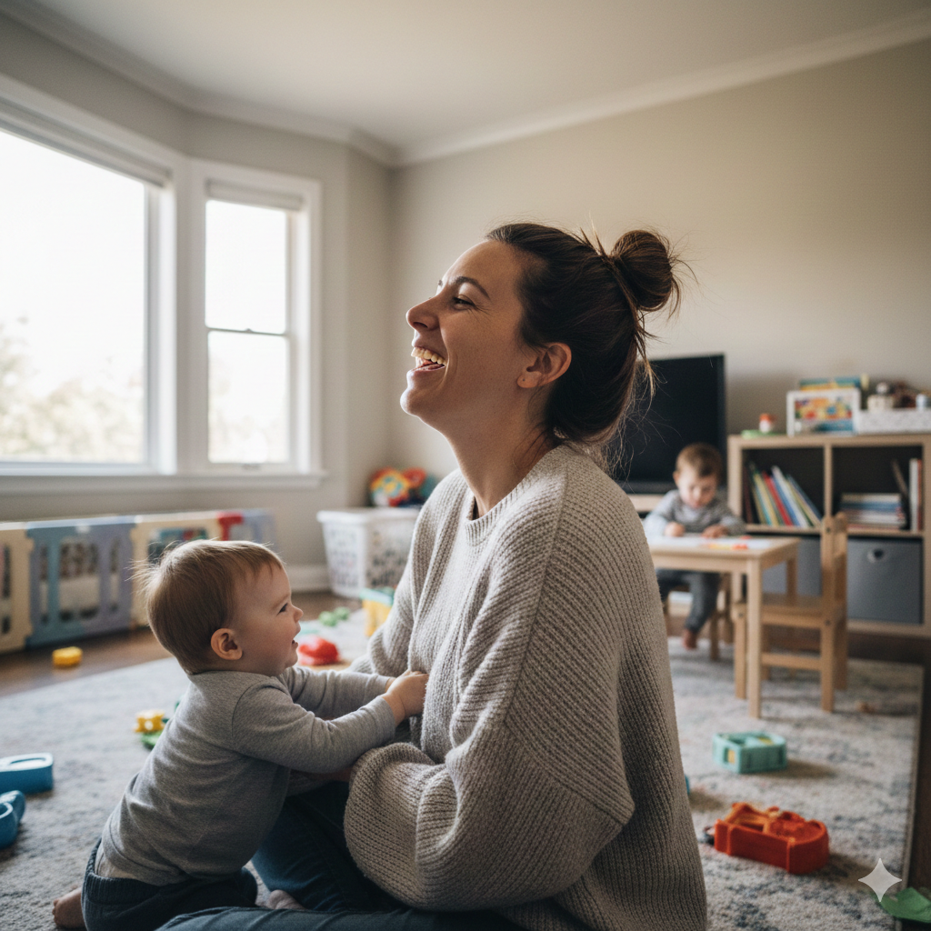 Sarah, junge Mutter mit zwei Kindern, lächelt und hält ein gestricktes Babyjäckchen in der Hand.